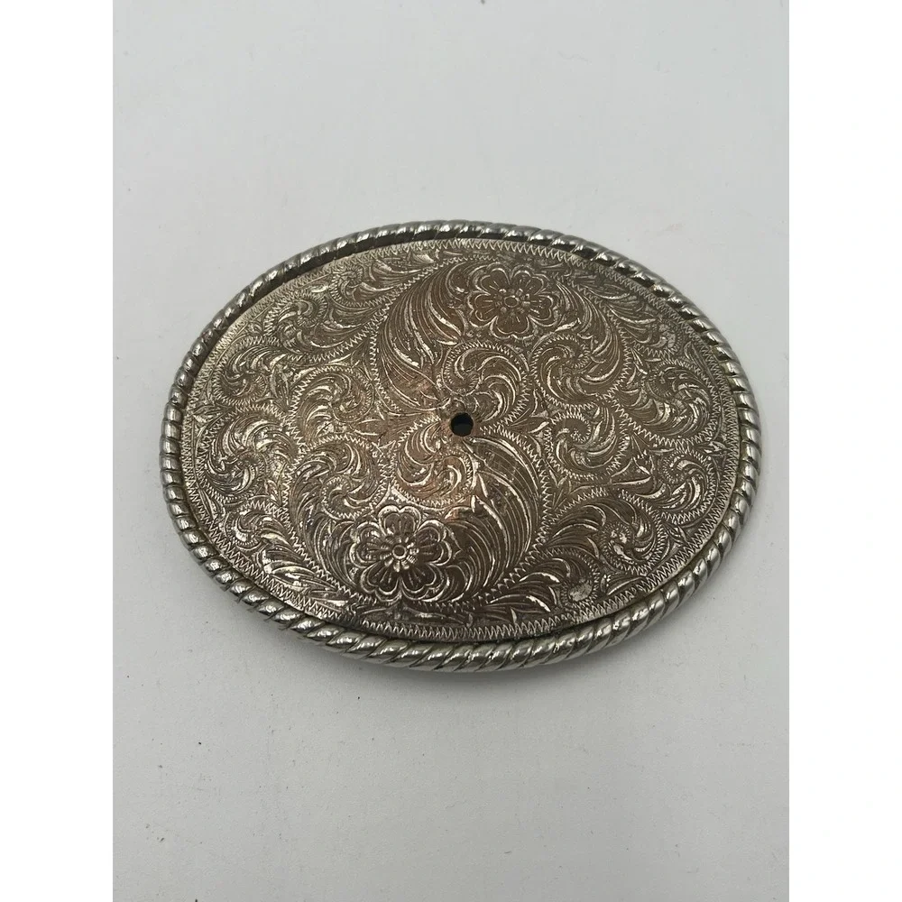 Vintage Western Floral Scroll Belt Buckle Silver Tone Rope Edge Made in USA